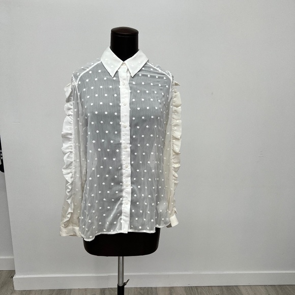 White Sheer Swiss Dot Blouse with Ruffle Sleeves | Feminine Button-Up - Picture 1 of 5